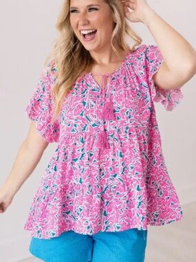 Grace + Emma Pink Teal  Floral Peasant Top with Tassel Tie ruffle bottom size S